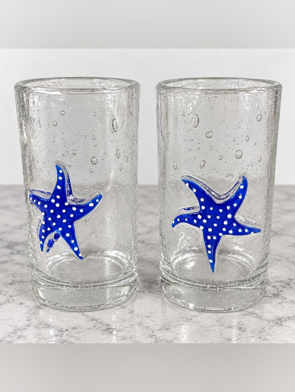Home Studio Shoreline Starfish Bubble Glass  Large Glasses Set of 2 Coastal Blue